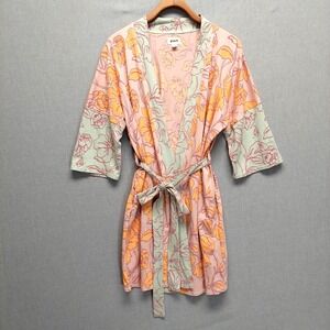 PACT Organic Cotton Staycation Floral Kimono Robe XS/S Pockets Belt Lounge